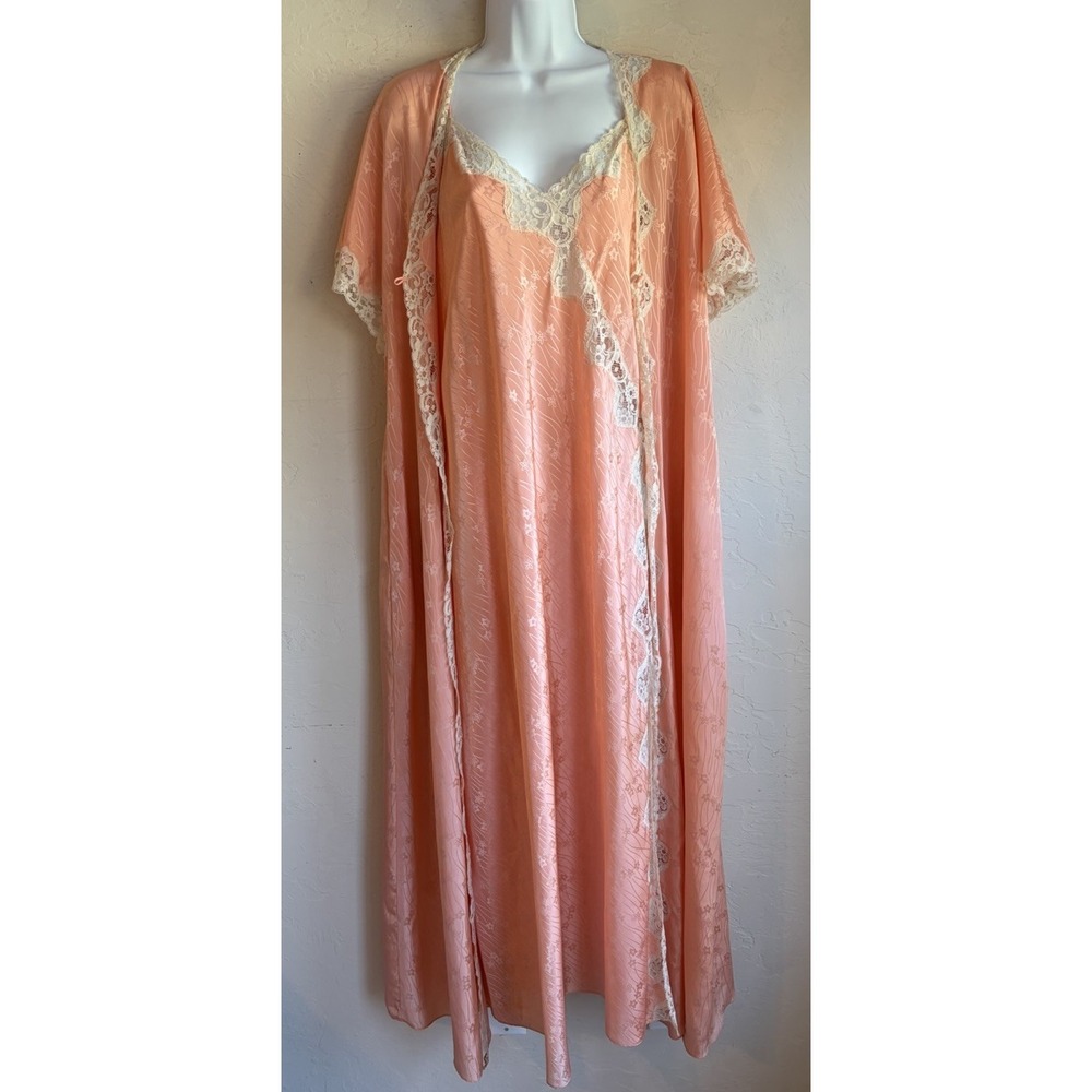 Vintage 60s Odette Barsa Peach Satin Maxi Slip Gown Peignor Set M Dress Lace